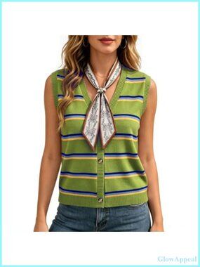 Women's Striped Knit Sleeveless Sweater Vest with Satin Scarf Set